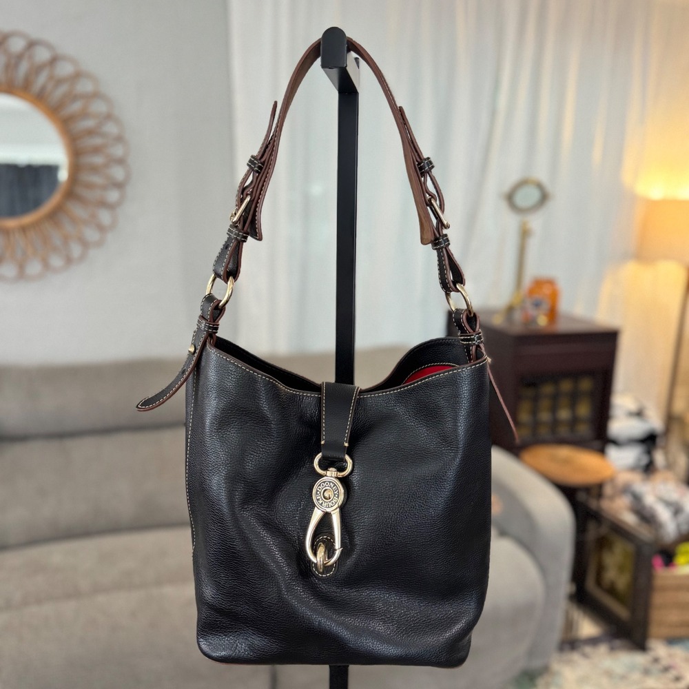 Dooney & Bourke Lily Bucket Bag Black Pebbled Leather Logo Buckle Gold Hardware